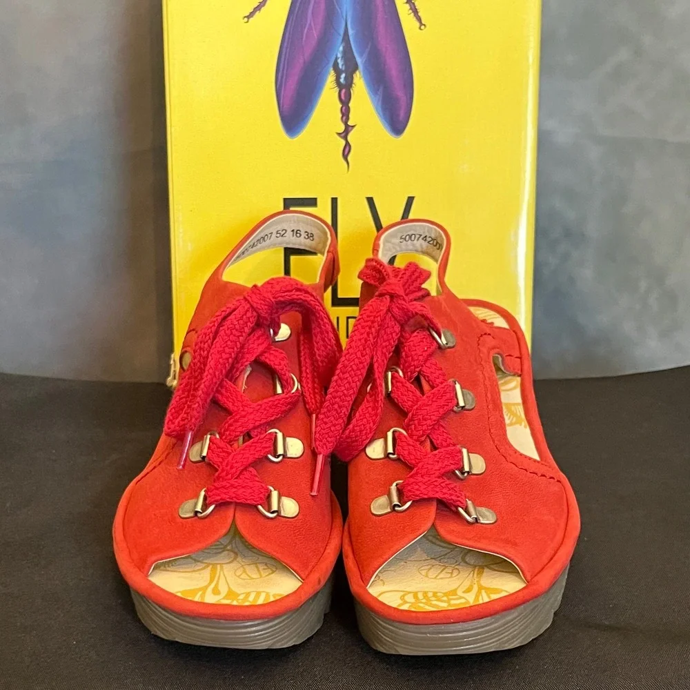 FLY LONDON Ylfa Red‎ Suede Lace Up Wedge Sandals Women Size 38